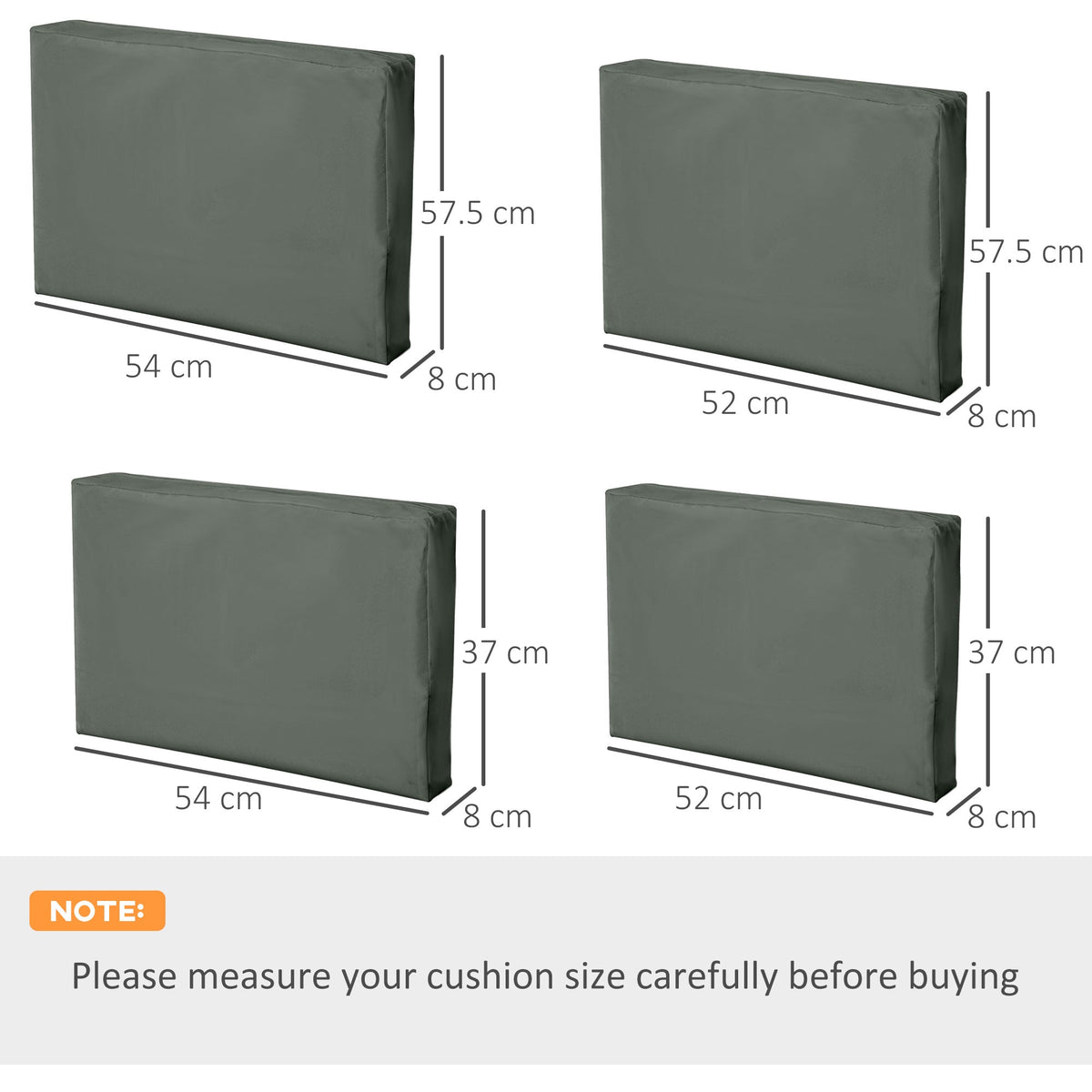 Diagram showing the dimensions of four different sizes of deep grey cushion covers