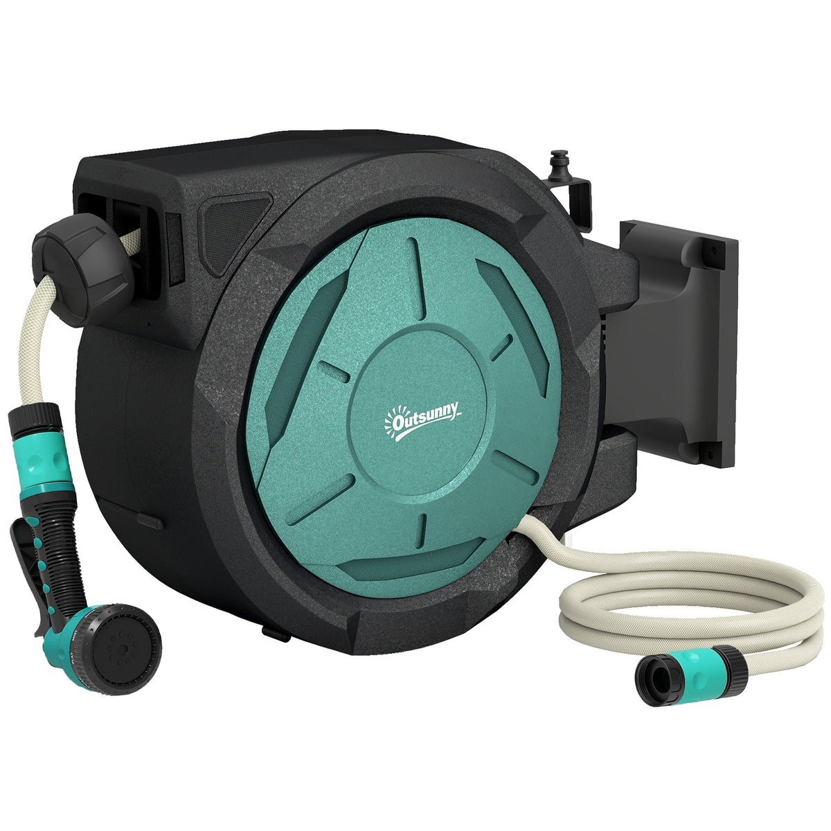 Outsunny Retractable Hose Reel Wall Mounted showing the main unit with hose and spray nozzle attached