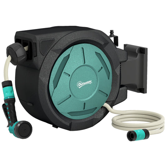 Outsunny Retractable Hose Reel Wall Mounted showing the main unit with hose and spray nozzle attached