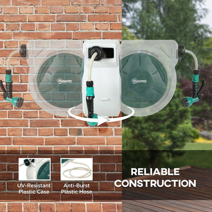 The outdoor watering hose reel shown mounted on a brick wall and a wooden deck