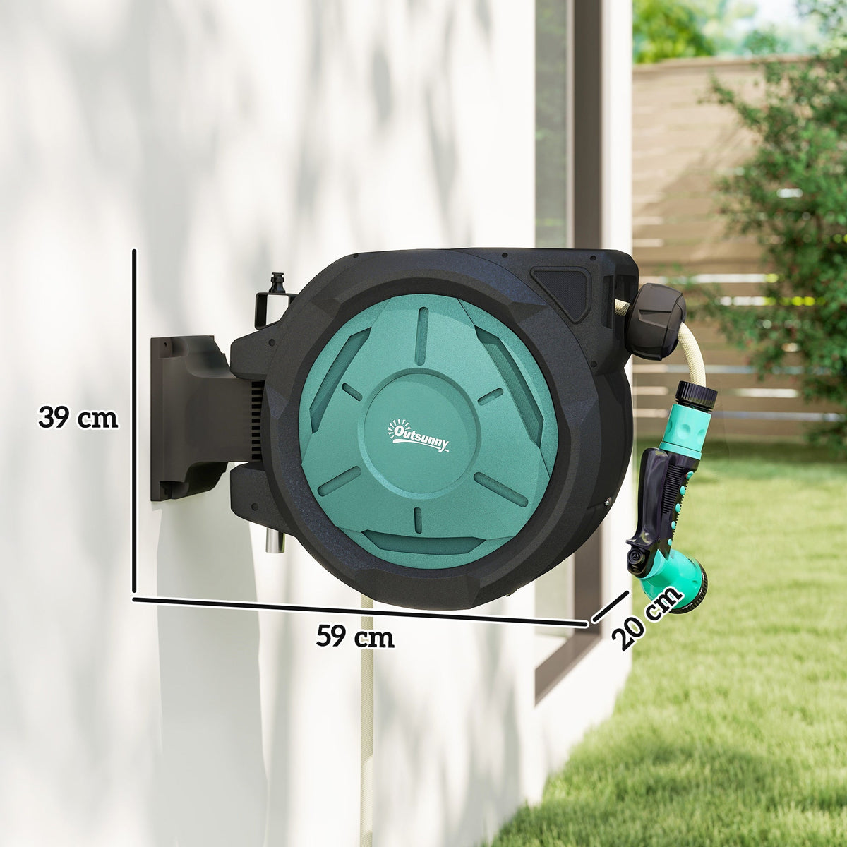 A wall mounted hose reel with dimensions indicated for height and width