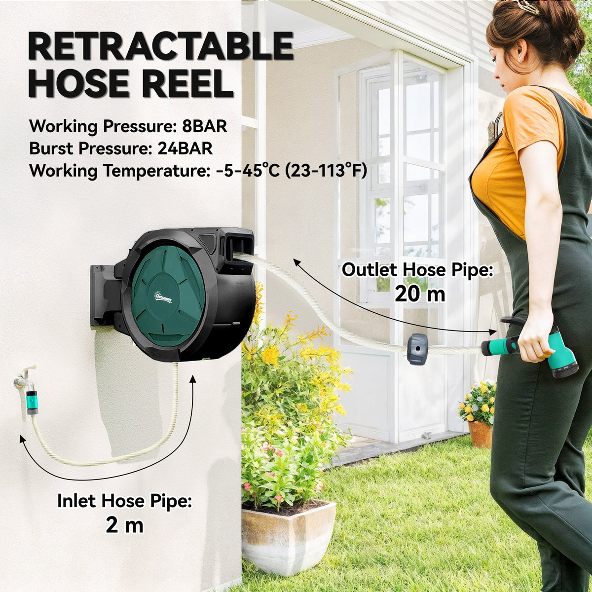 A retractable hose reel with inlet and outlet hose pipe lengths labelled