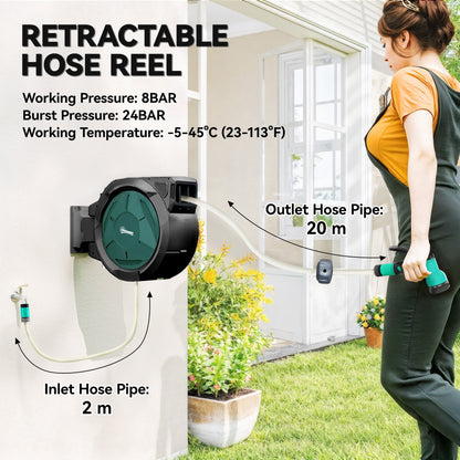 A retractable hose reel with inlet and outlet hose pipe lengths labelled