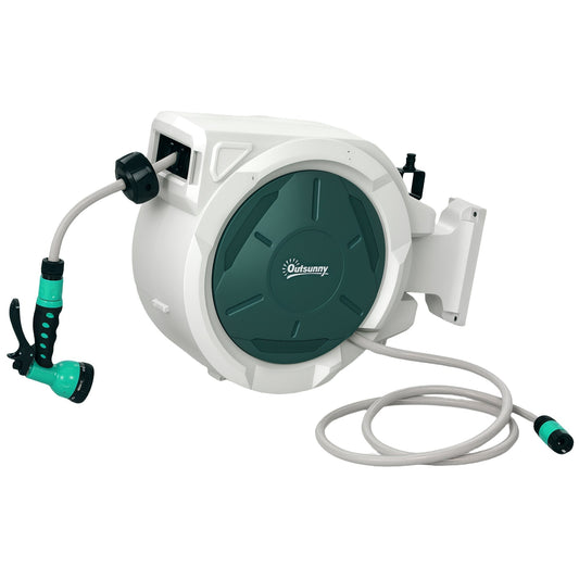 Outsunny Retractable Hose Reel Wall Mounted, a light grey and dark green hose reel with a green spray nozzle attached