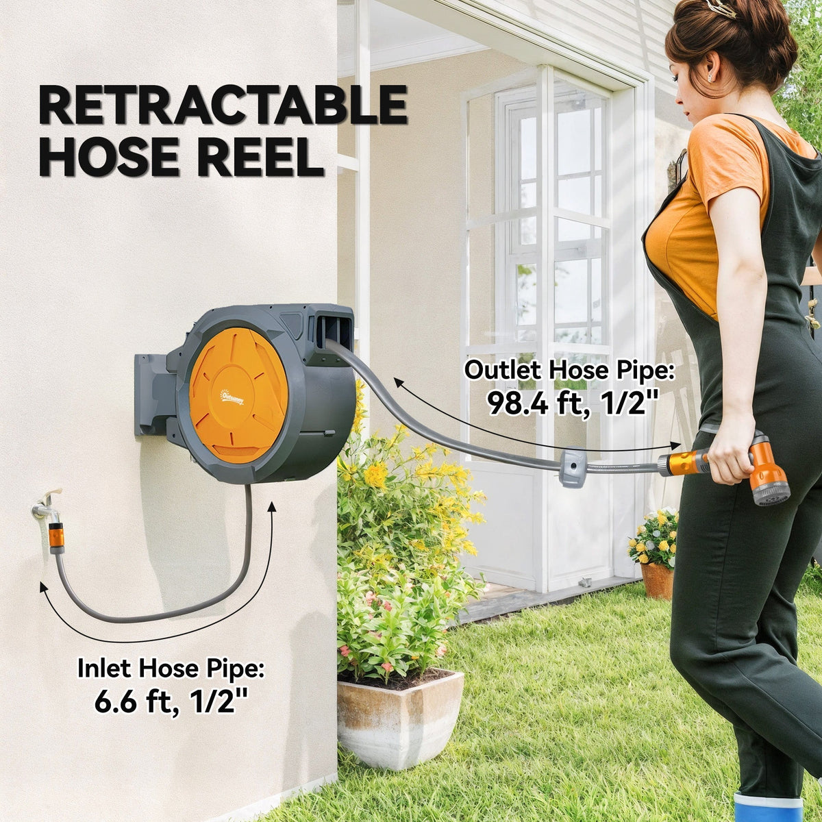 The water hose showing the inlet and outlet pipe connections on a wall