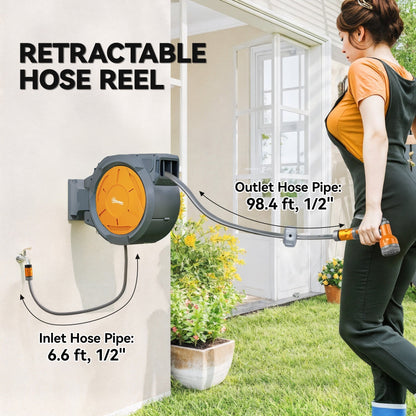 The water hose showing the inlet and outlet pipe connections on a wall