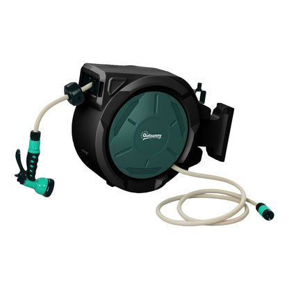 Outsunny Retractable Hose Reel Wall Mounted, a green and black hose reel mounted on a wall with the hose extended