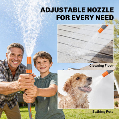 A man and child using the garden hose reel nozzle to spray water for cleaning and pet care