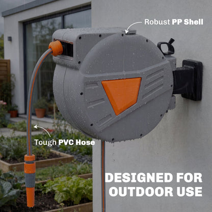The orange garden hose reel mounted on an outdoor wall, showing its robust shell and tough hose