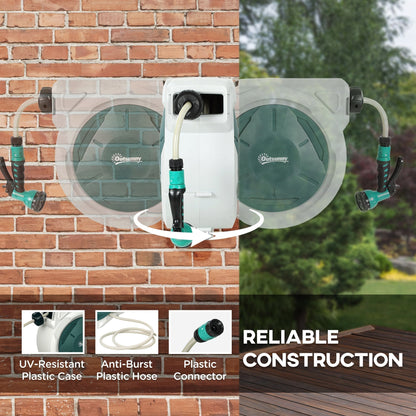 Two views of the retractable hose reel, one on brick and one on wood, highlighting its construction