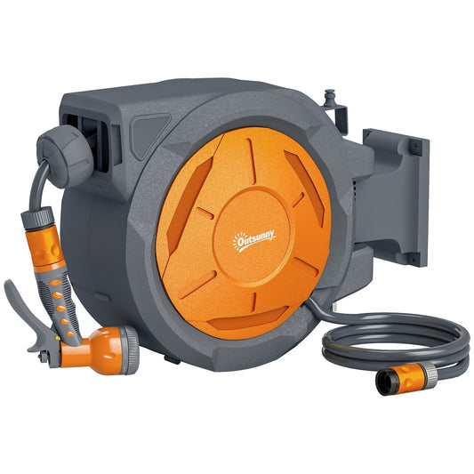 Outsunny Retractable Hose Reel Wall Mounted with orange and grey casing and spray nozzle