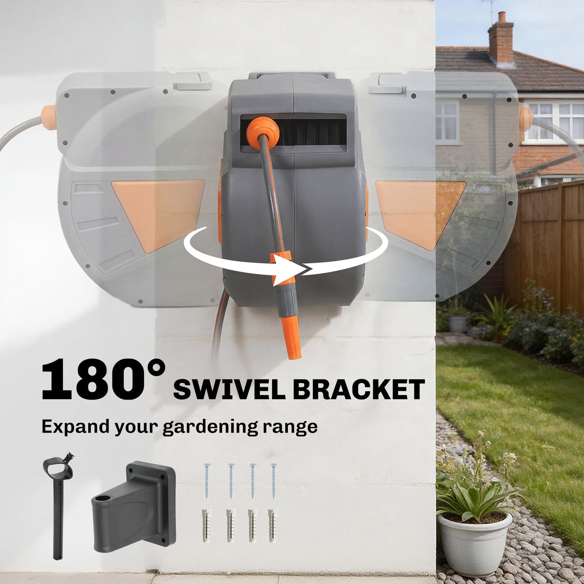 The garden hose reel showing the swivel bracket movement and the included mounting hardware