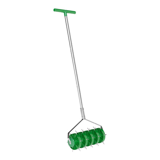 Outsunny Rolling Lawn Aerator, a manual garden tool with green spiked rollers and a long handle
