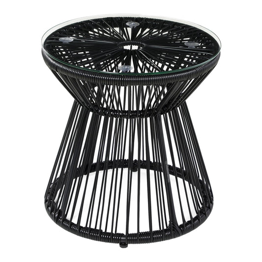 Outsunny Round End Table, a black rattan side table with a glass top and hollow drum design
