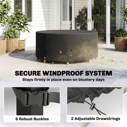 the round garden furniture cover with buckles and drawstrings for a secure fit