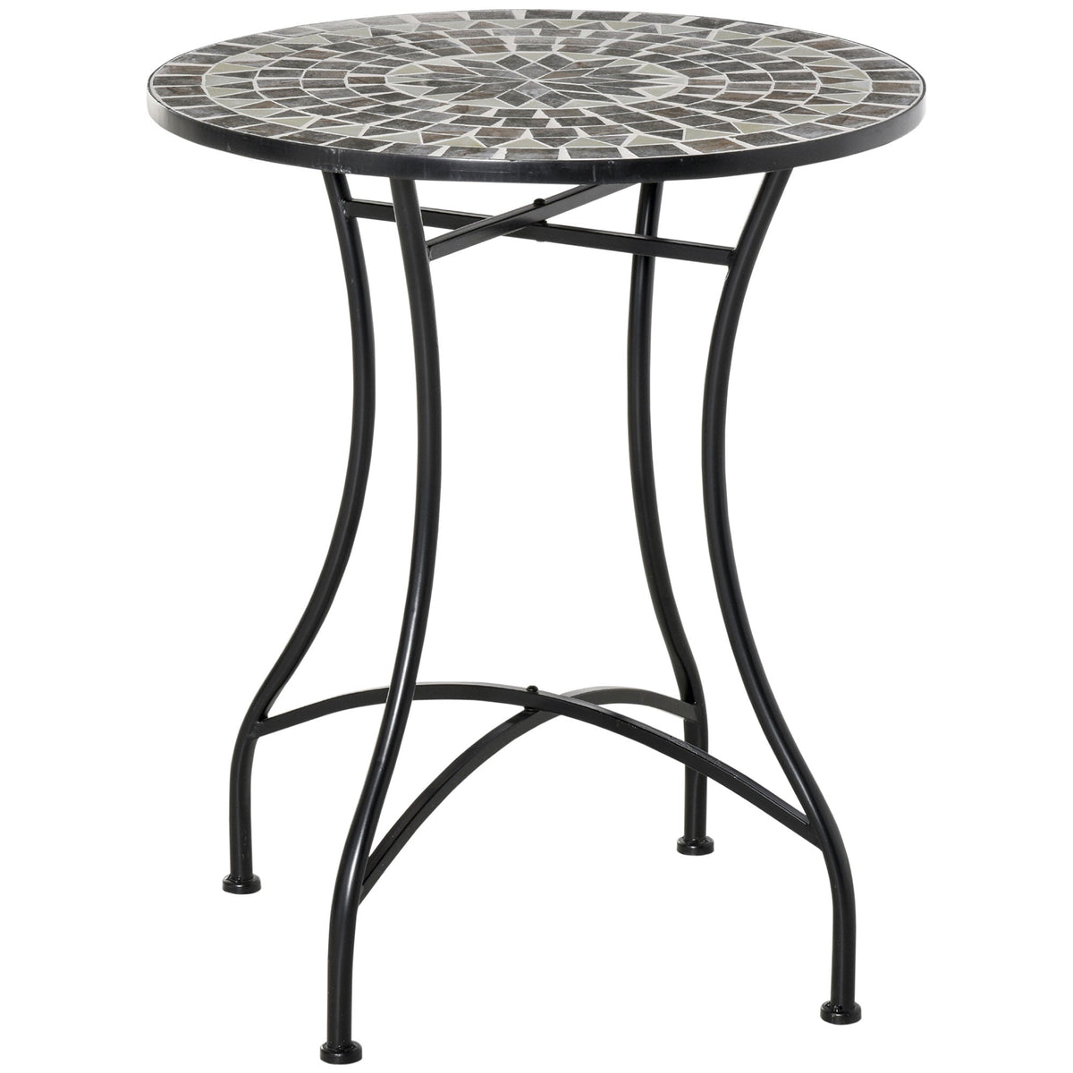Outsunny Round Mosaic Tabletop Garden Table with a grey and black mosaic pattern on the top and black metal legs