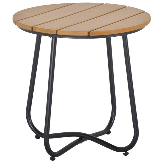 Outsunny Round Outdoor Side Table with a slatted wooden top and black metal legs