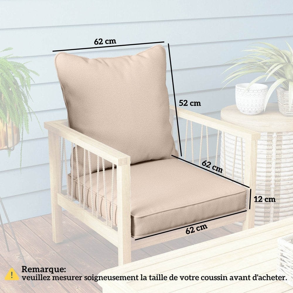 Dimensions of the beige garden seat and back cushions on a wooden chair