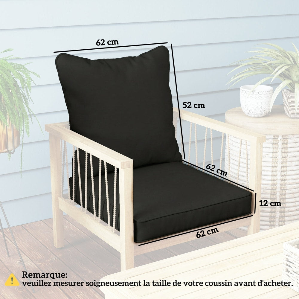 A black seat and back cushion set on a wooden chair with dimensions labelled