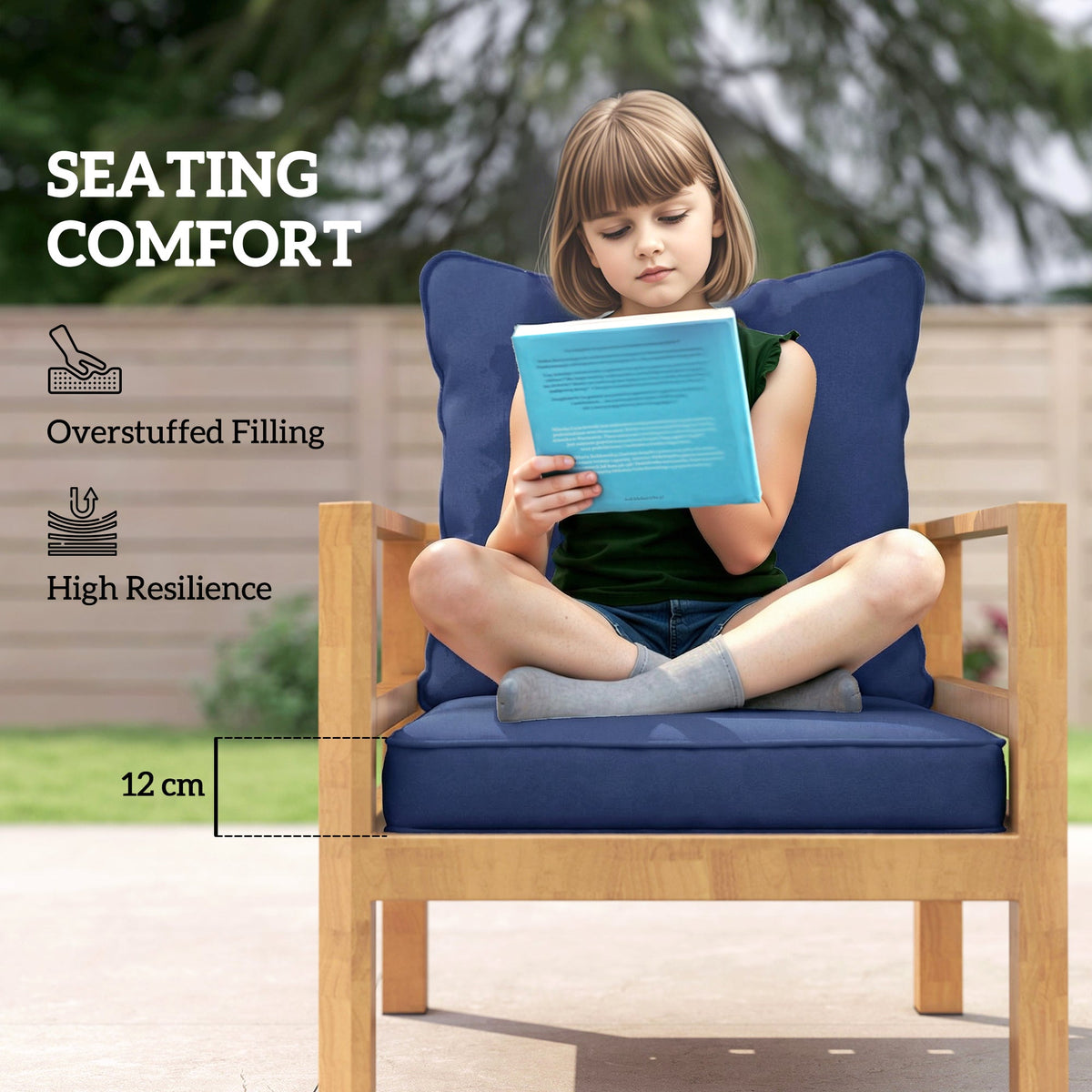 Girl sitting on a wooden chair with dark blue seat and back cushions