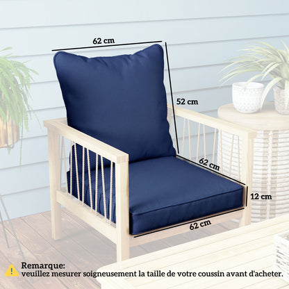 Dimensions of the dark blue seat and back cushions on a wooden chair