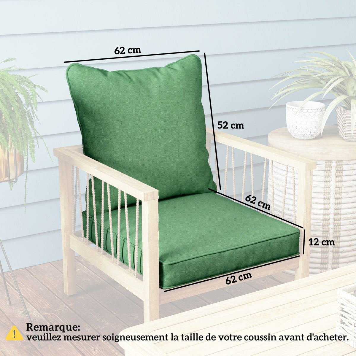 Green seat and back cushions on a wooden chair with dimensions labelled
