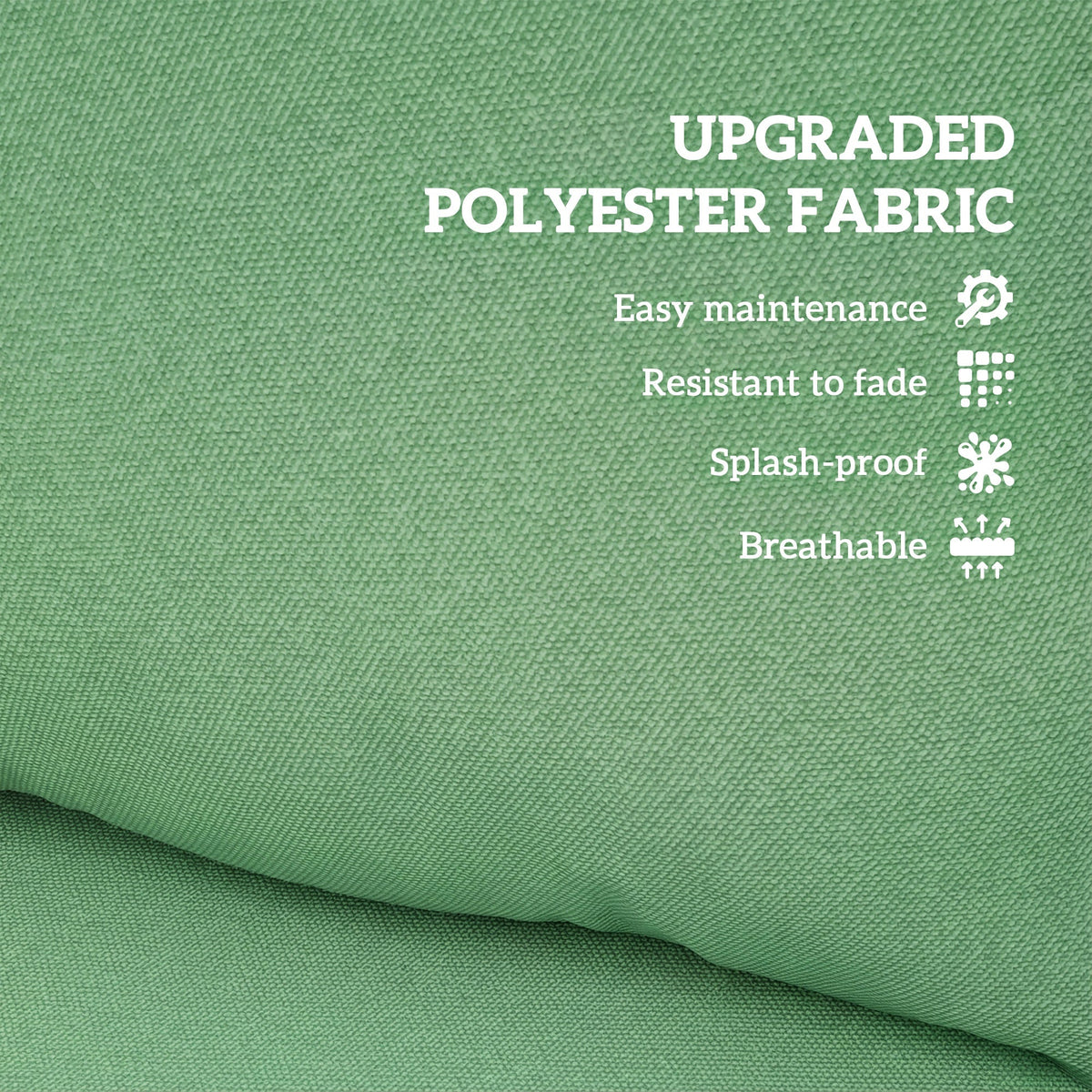 Green polyester fabric cushion with text detailing its easy maintenance, fade resistance and splash-proof qualities