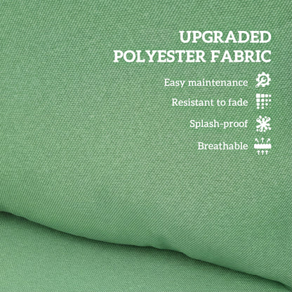 Green polyester fabric cushion with text detailing its easy maintenance, fade resistance and splash-proof qualities