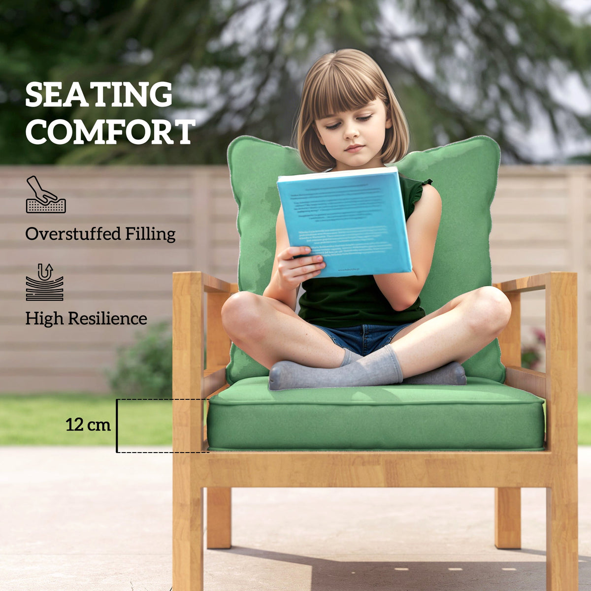 Girl reading a book on a wooden chair with green seat and back cushions