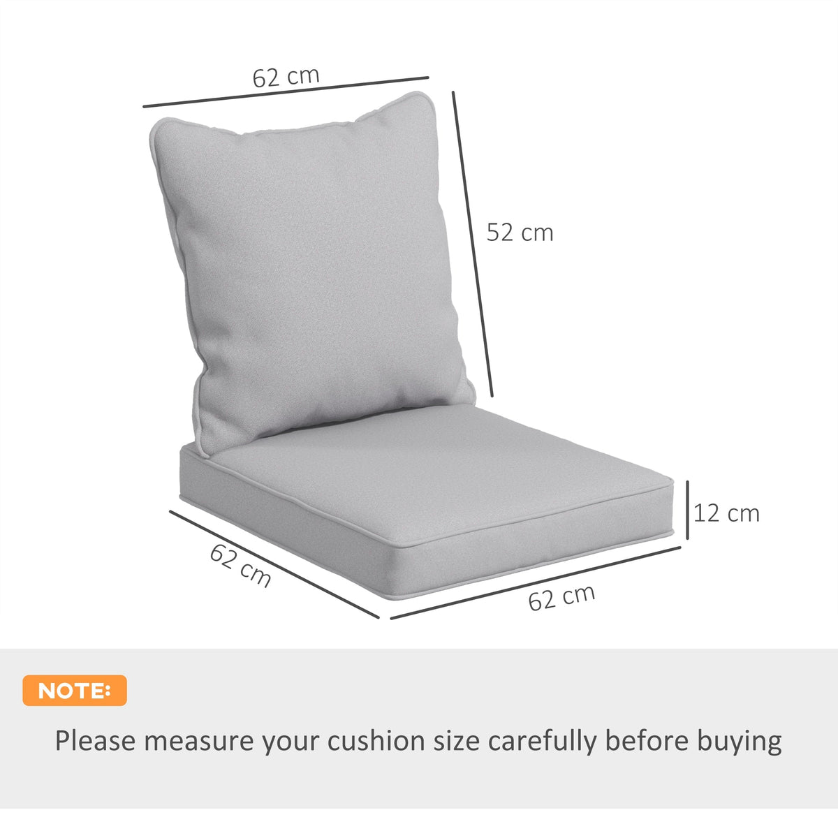 The outdoor cushion set shown with dimension lines indicating the height, width and depth