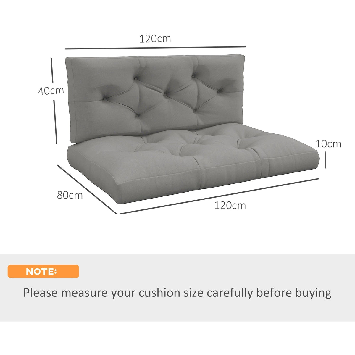Diagram showing the dimensions of the light grey pallet seat and back cushions