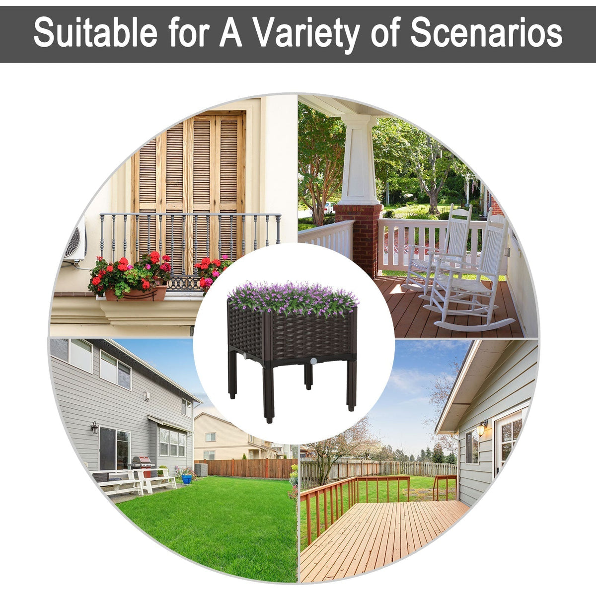 The raised garden bed shown in a collage of various outdoor home and patio settings