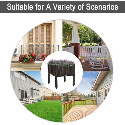 The raised garden bed shown in a collage of various outdoor home and patio settings