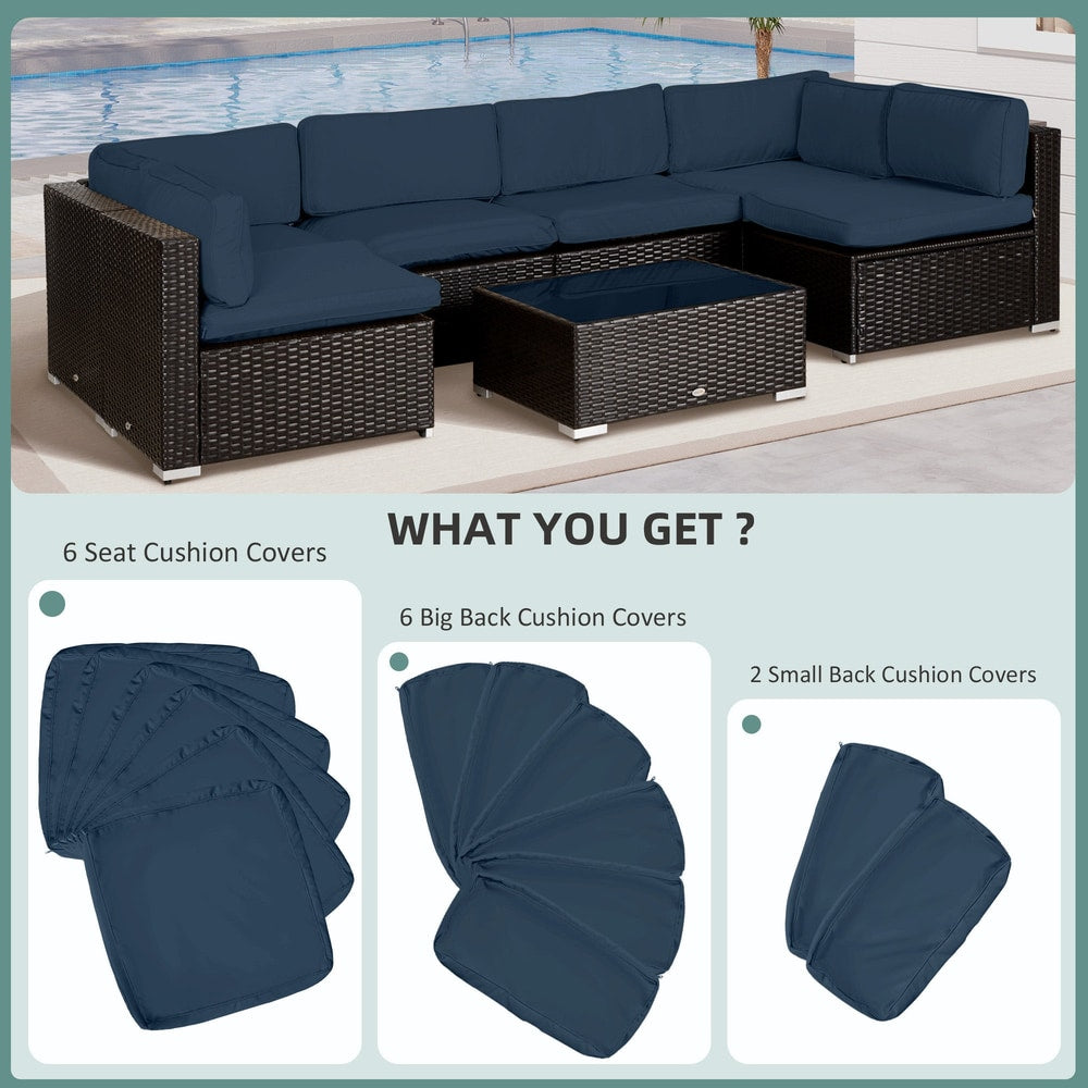 Set of 14 mixed cushion covers in blue, showing the different types included