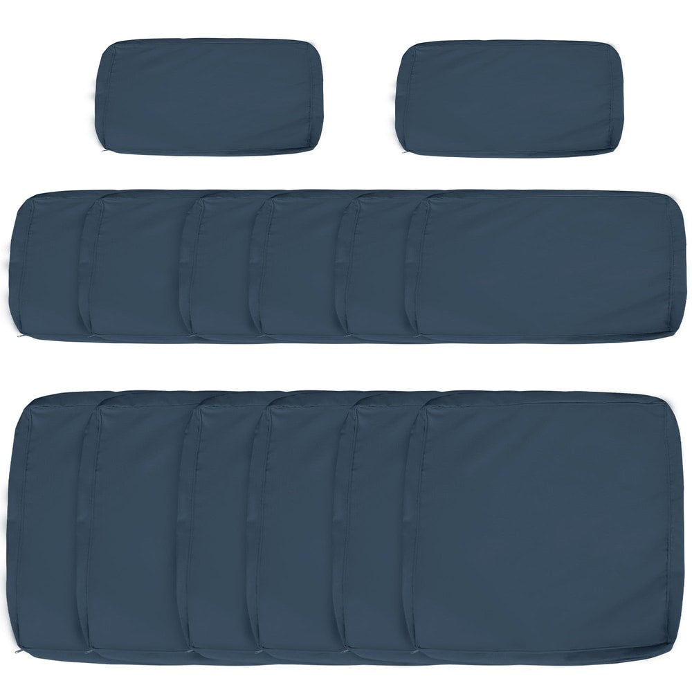 Outsunny Set of 14 Mixed Cushion Covers in blue, showing two large and twelve smaller rectangular covers laid out