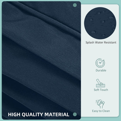 Close up of the blue cushion cover fabric showing water droplets, with text highlighting durability and ease of cleaning