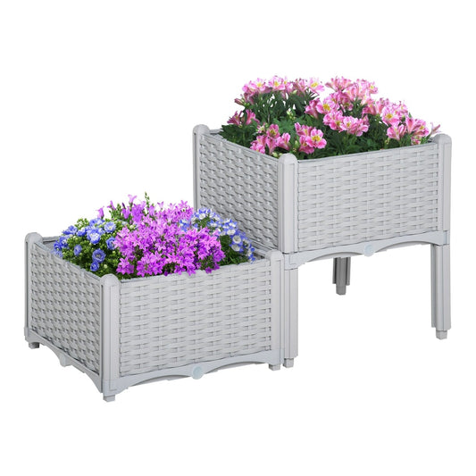 Outsunny Set of Two Rattan-Effect Planters in grey, showing two tiered planters filled with flowers
