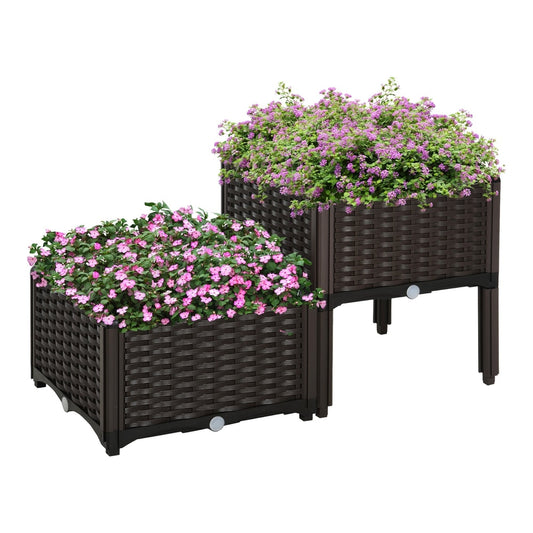 Outsunny Set of 2 26L Garden Raised Bed with two tiered planters filled with purple flowers