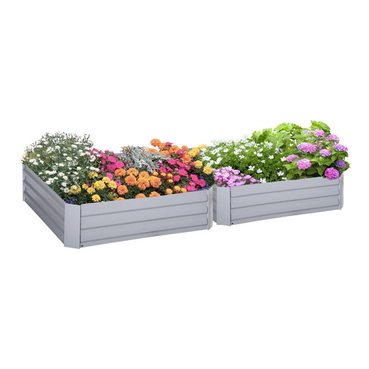 Outsunny Set of 2 291L Raised Garden Bed, two grey galvanised planter boxes side by side with flowers