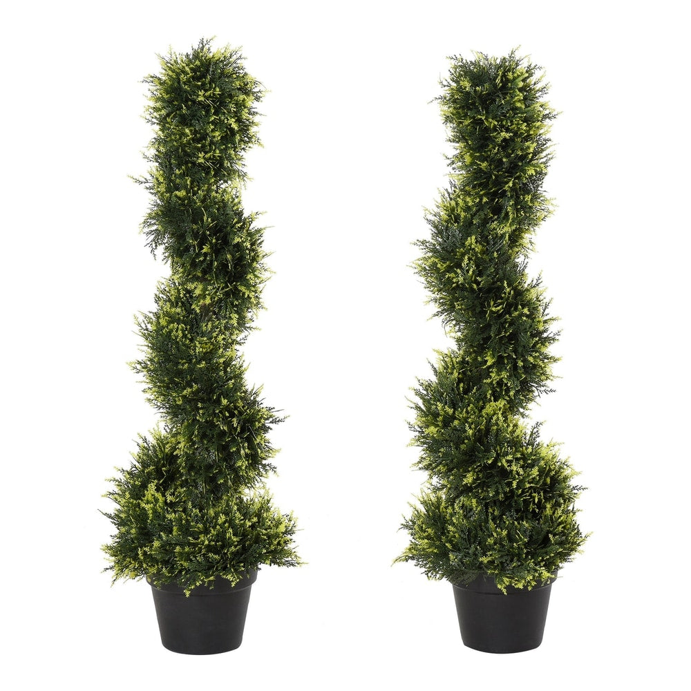 Outsunny 90cm/3FT Artificial Trees, a pair of spiral topiary trees in black pots against a white background