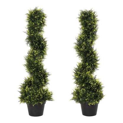 Outsunny 90cm/3FT Artificial Trees, a pair of spiral topiary trees in black pots against a white background