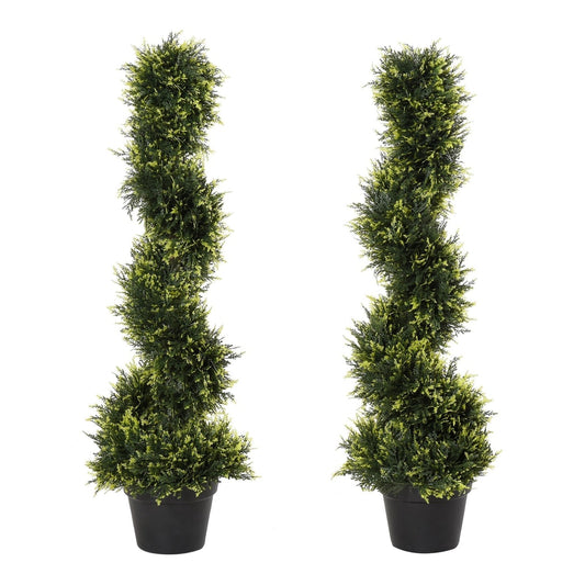 Outsunny 90cm/3FT Artificial Trees, a pair of spiral topiary trees in black pots against a white background