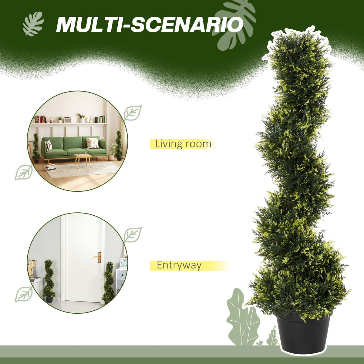Spiral topiary trees shown in a living room and entryway setting