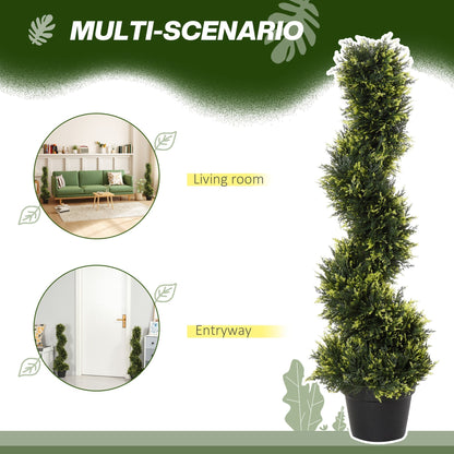 Spiral topiary trees shown in a living room and entryway setting