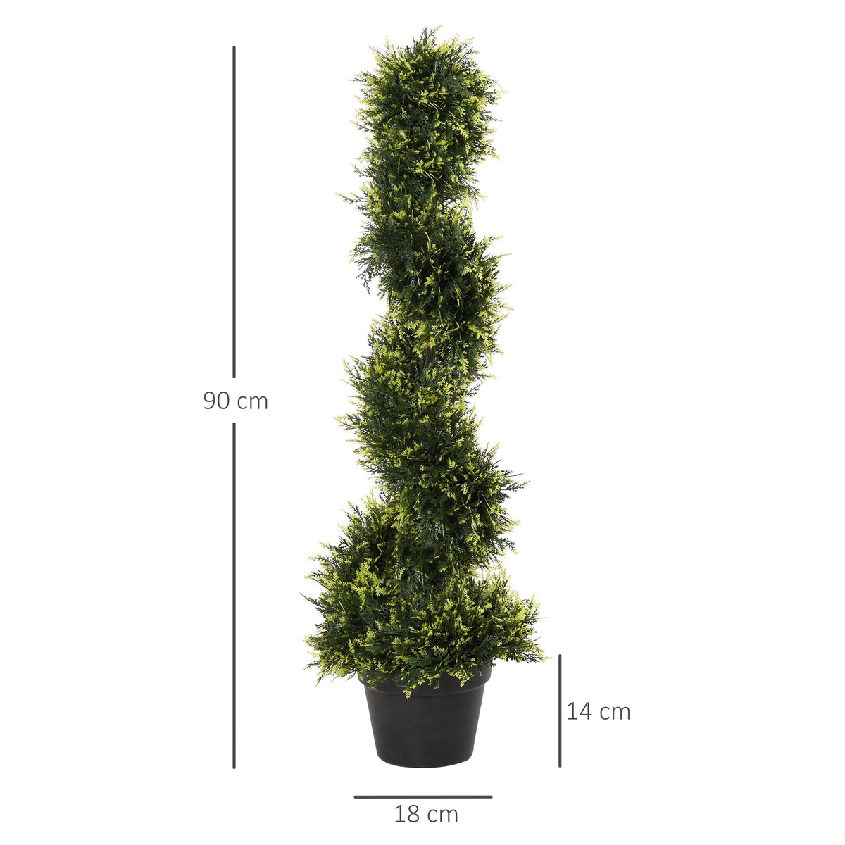 Artificial spiral topiary trees with dimensions shown on a white background