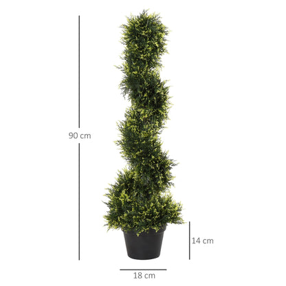 Artificial spiral topiary trees with dimensions shown on a white background