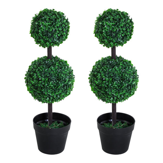 Outsunny Set of 2 Artificial Boxwood Ball Topiary Trees potted decorative plant indoor décor
