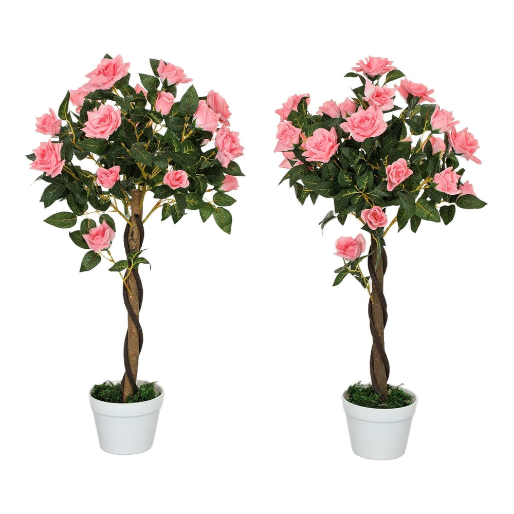 Outsunny Set of 2 Artificial Plants Pink Rose Floral in Pot displayed side by side on a white background
