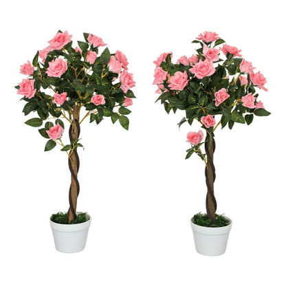 Outsunny Set of 2 Artificial Plants Pink Rose Floral in Pot displayed side by side on a white background