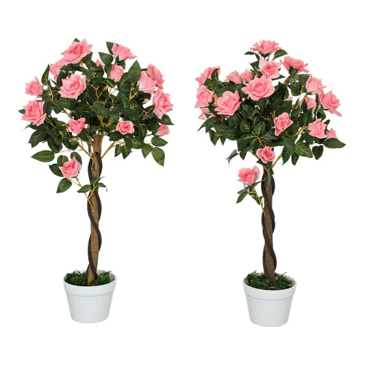 Outsunny Set of 2 Artificial Plants Pink Rose Floral in Pot displayed side by side on a white background